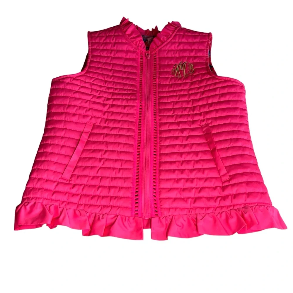 Lilly Pulitzer Girls Pink Quilted Puffer Vest XL Monogram Ruffle Hem